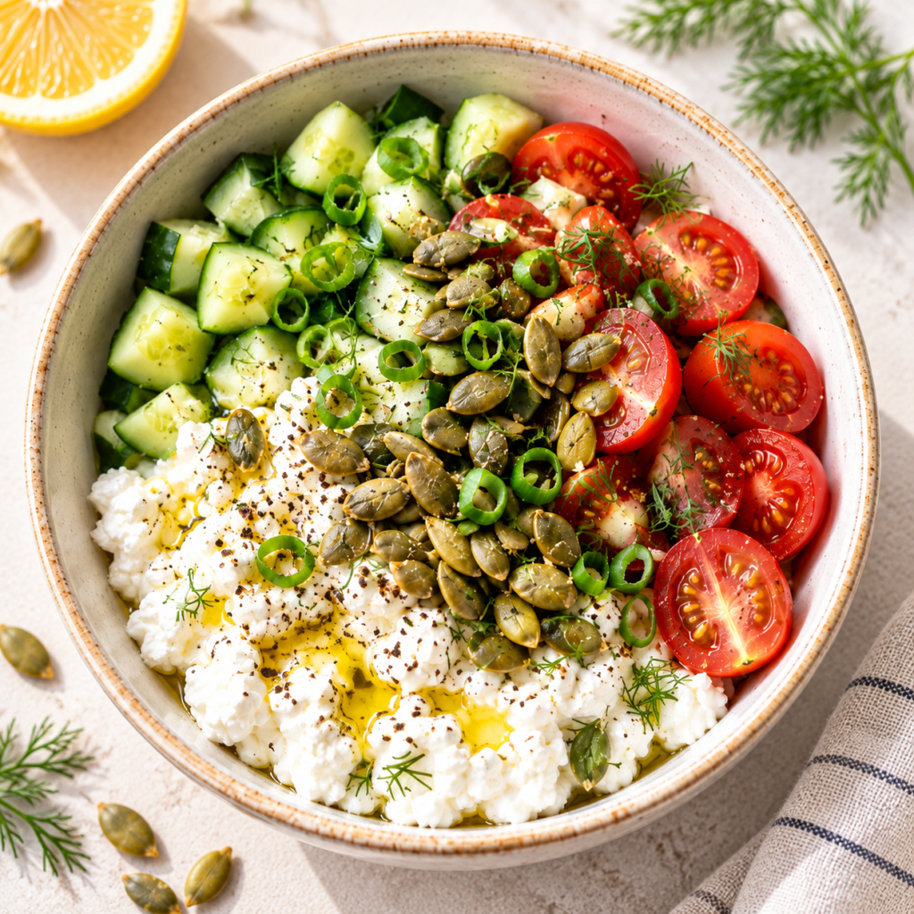 Close-up of savory cottage cheese bowl with cucumber, tomatoes, green onion and pepitas