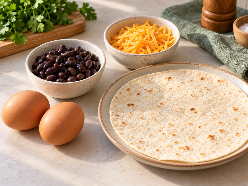 Two eggs, flour tortilla, black beans, and shredded cheddar arranged on a kitchen countertop for a vegetarian breakfast quesadilla.