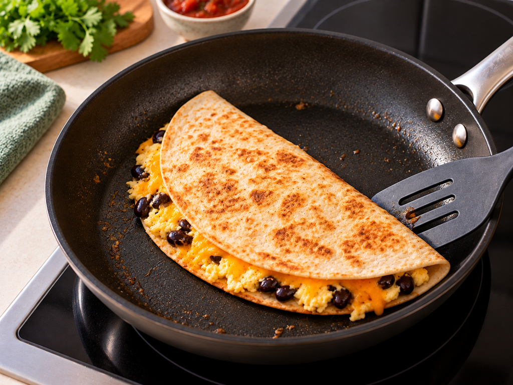 Golden breakfast quesadilla filled with scrambled eggs, black beans, and melted cheddar, cooking in a nonstick skillet.