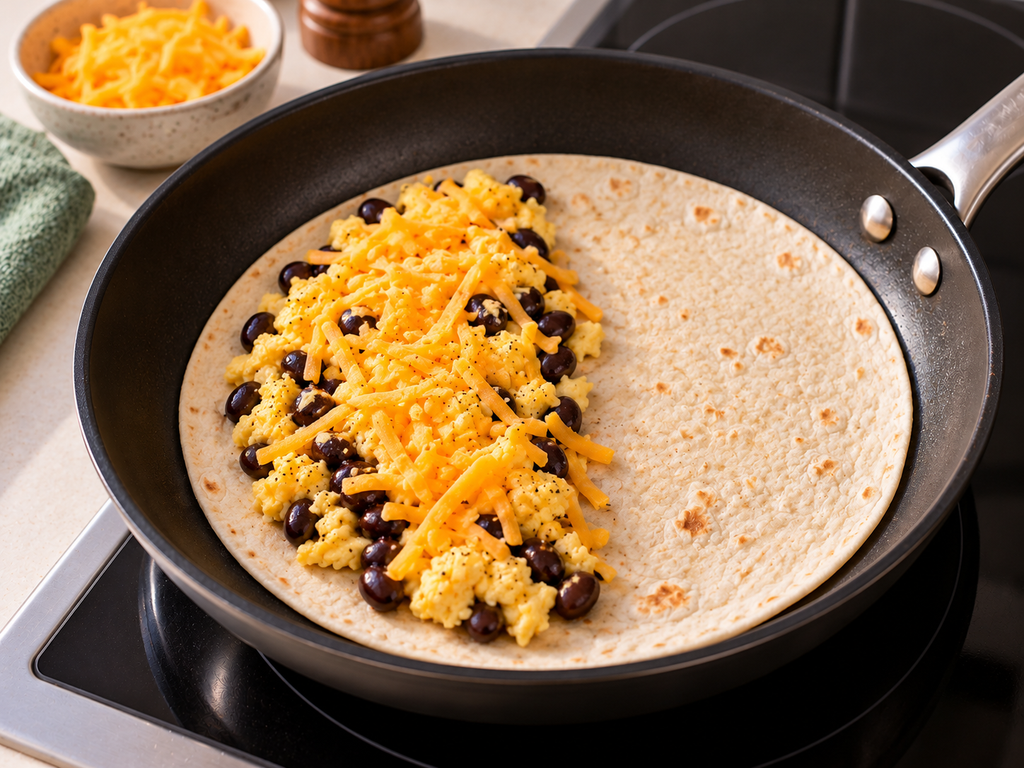 Egg, black bean, and cheese filling being assembled inside a flour tortilla in a skillet.