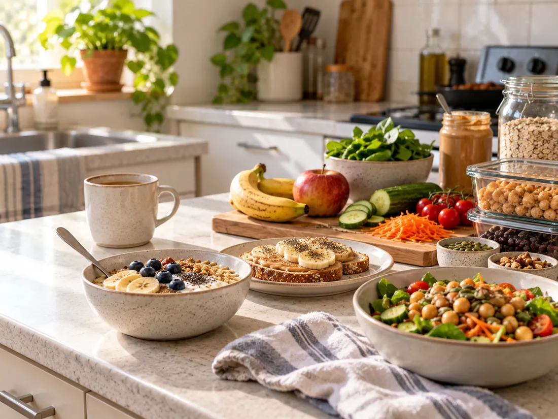 Quick easy vegetarian recipes and meal prep ingredients in a bright home kitchen
