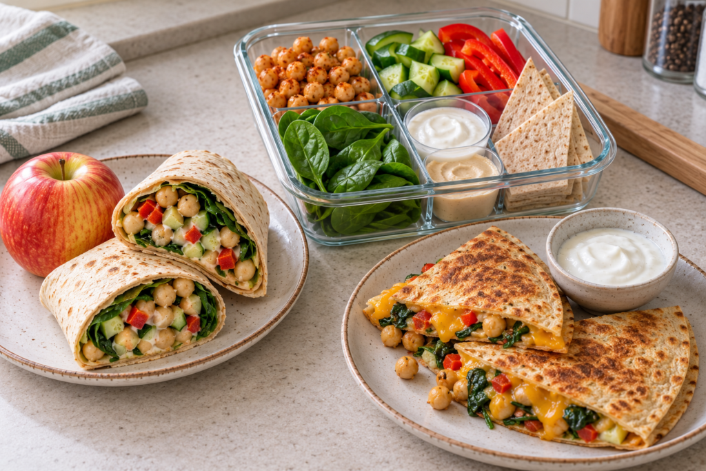 Divided vegetarian lunch box with smoky chickpeas, cucumber, red bell pepper, baby spinach, tortilla wedges, hummus and Greek yogurt dip.