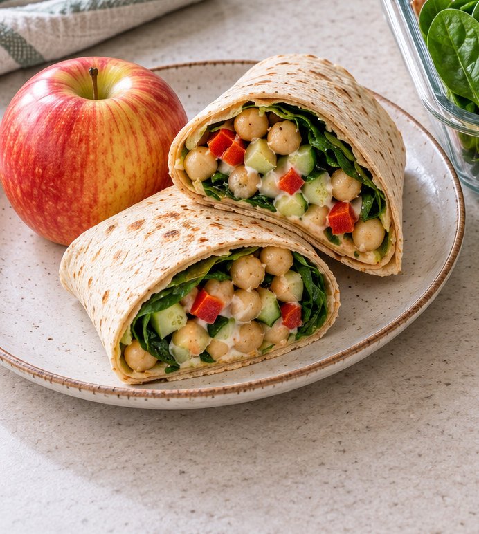 Creamy lemon-chickpea tortilla wrap filled with spinach, cucumber and bell pepper, served with an apple.