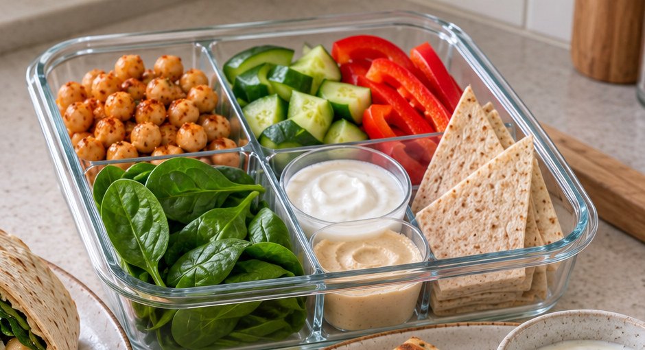 Divided vegetarian lunch box with smoky chickpeas, cucumber, red bell pepper, baby spinach, tortilla wedges, hummus and Greek yogurt dip.