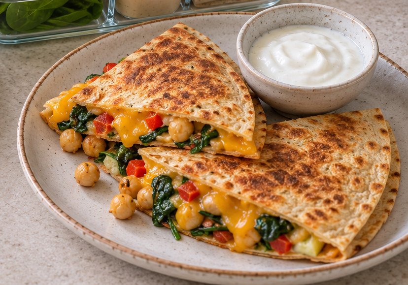 Golden chickpea and cheddar quesadilla filled with baby spinach and red bell pepper, served with Greek yogurt dip.